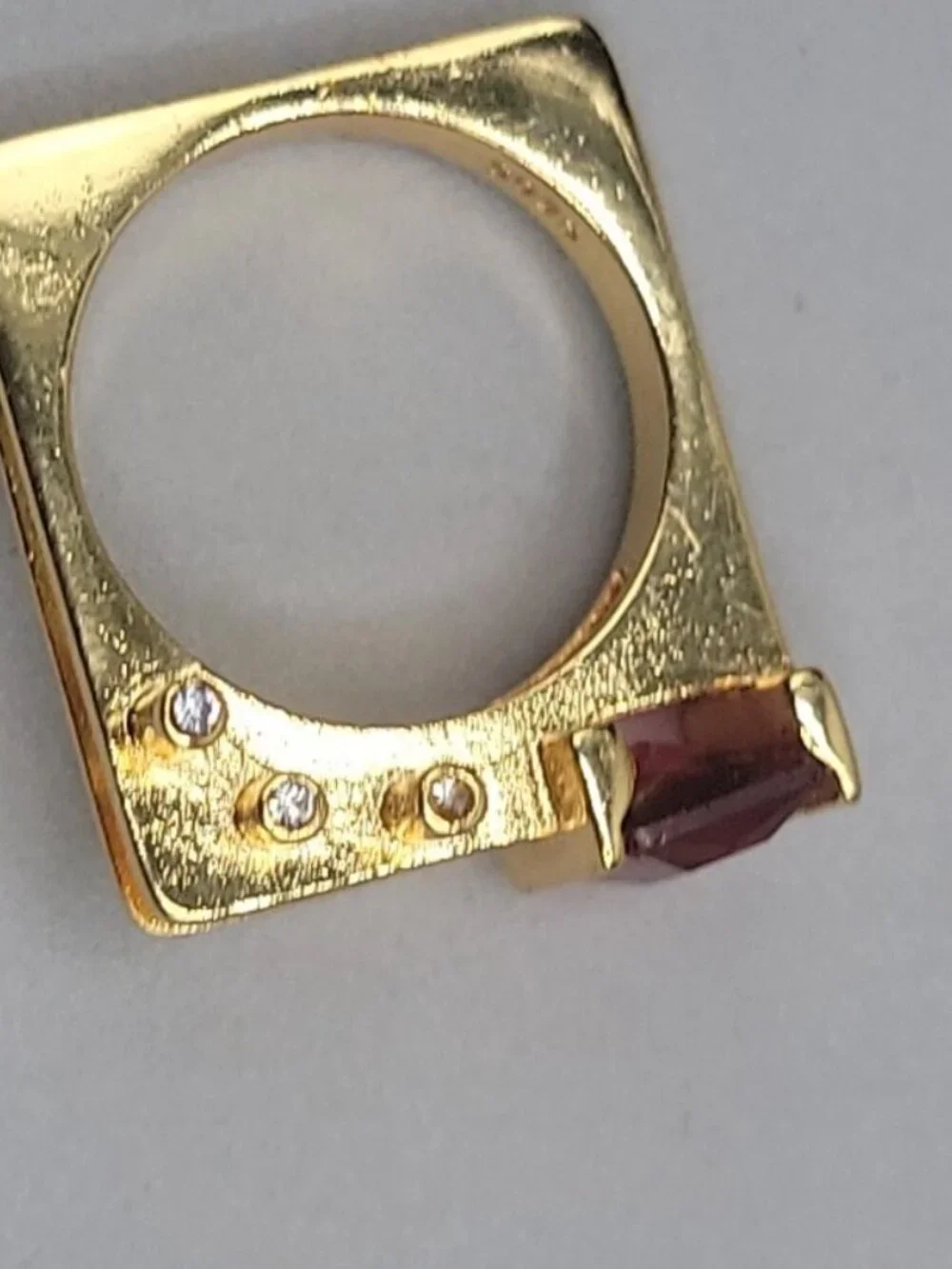 VTG Gold Vermeil Geometric Statement Ring Emerald Cut Pink Red Crystal 925 8.6